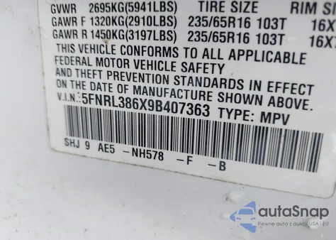 2009 Honda Odyssey Ex-L z USA, uszkodzony, nr VIN 5FNRL386X9B407363